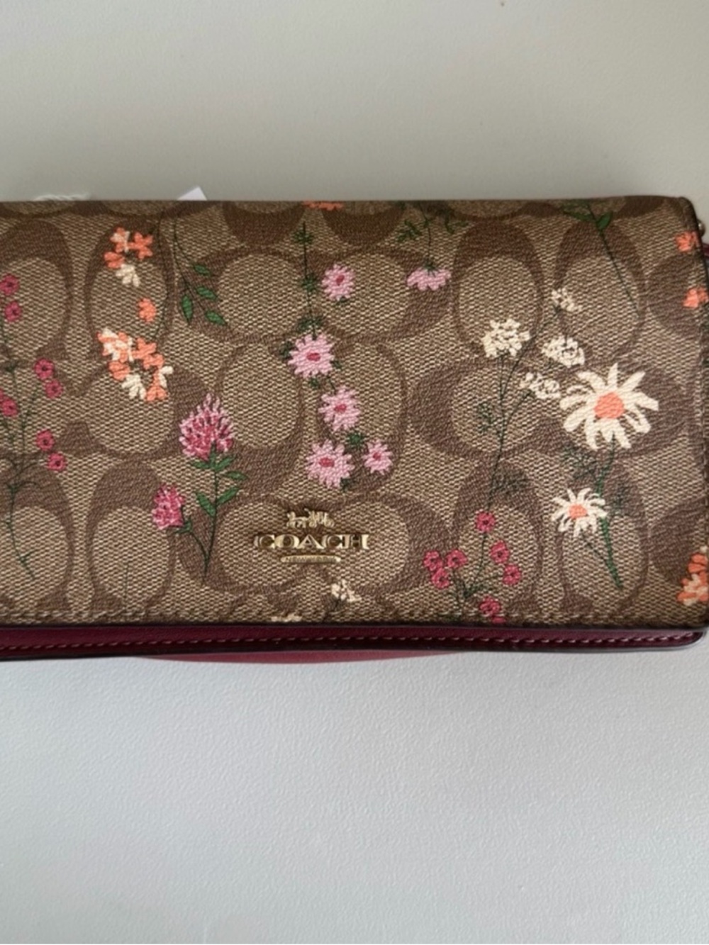 Coach Signature Floral Continental Wallet - Brown, Pink, Cream
